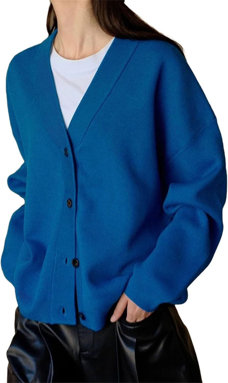 Large Size Knit Cardigan Loose V-Neck Long Sleeve Women's Clothing Blue
