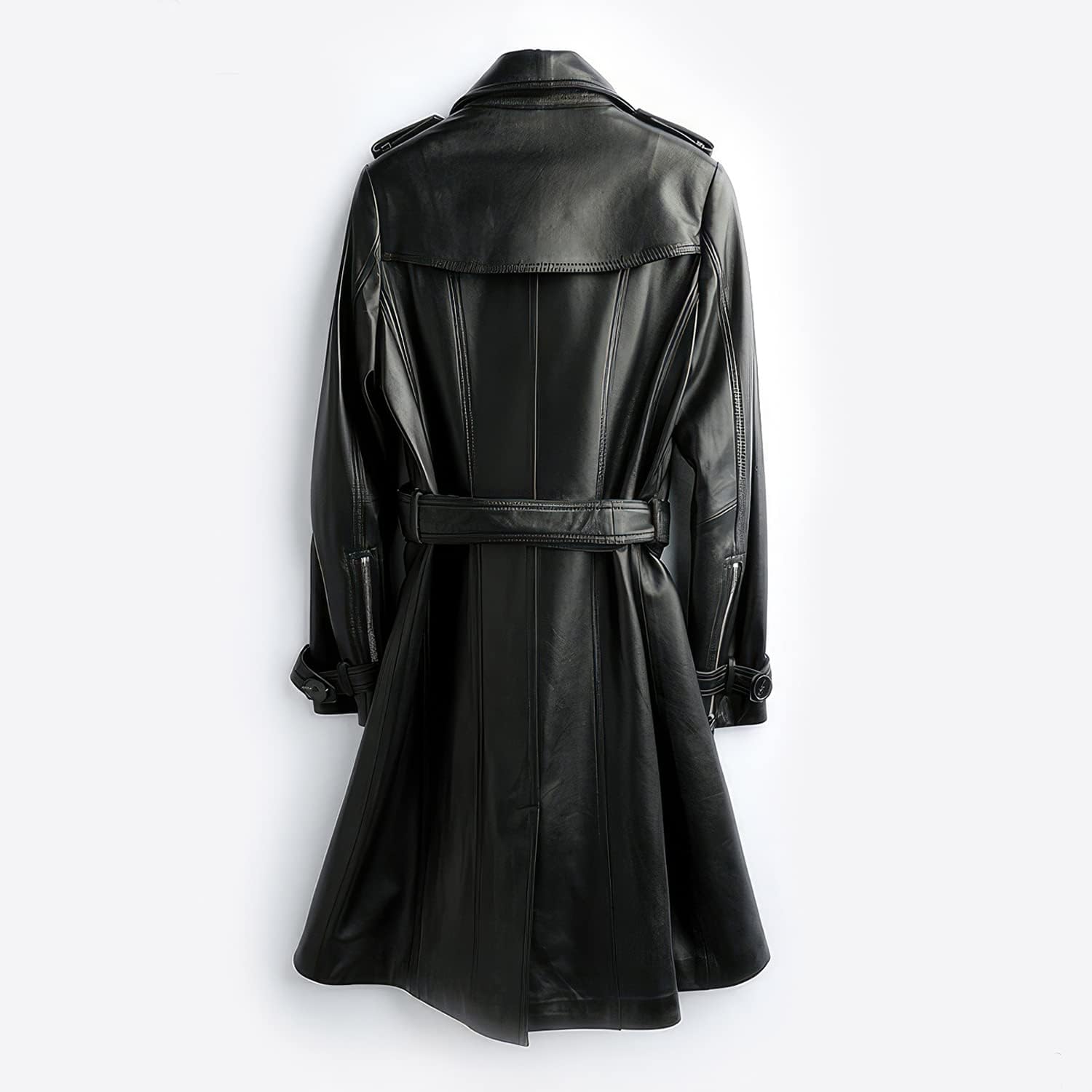 MARKHORN Women\u2019s Black Real Sheepskin Leather Lapel Collar Double Breasted Business Clothing Outfit Belted Trench Coat - Image 2