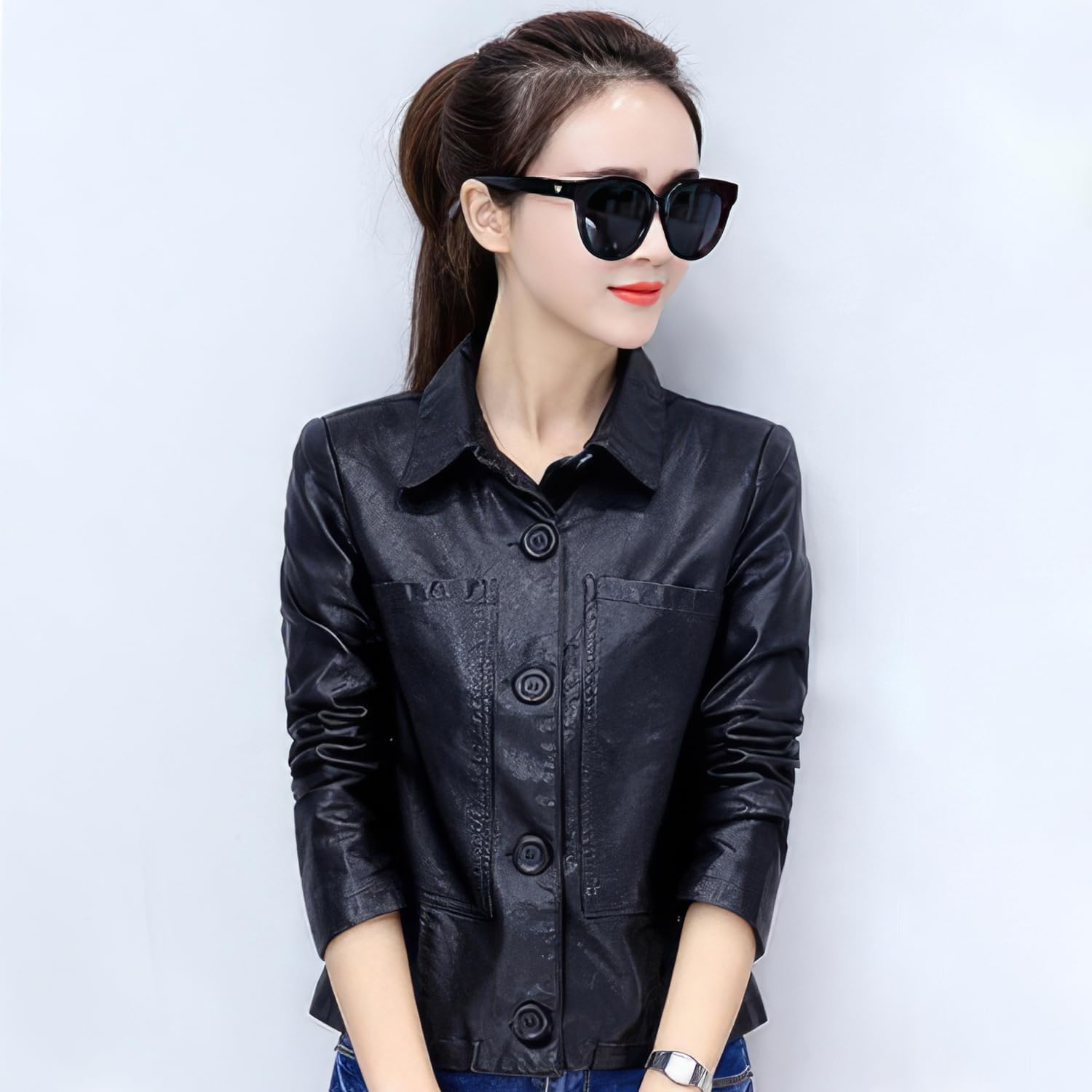 MARKHORN Women\u2019s Black Real Sheepskin Leather Shirt Collar Moto Café Racer Sporty Fashion Clothing Chic Slim Fit Jacket - Image 4