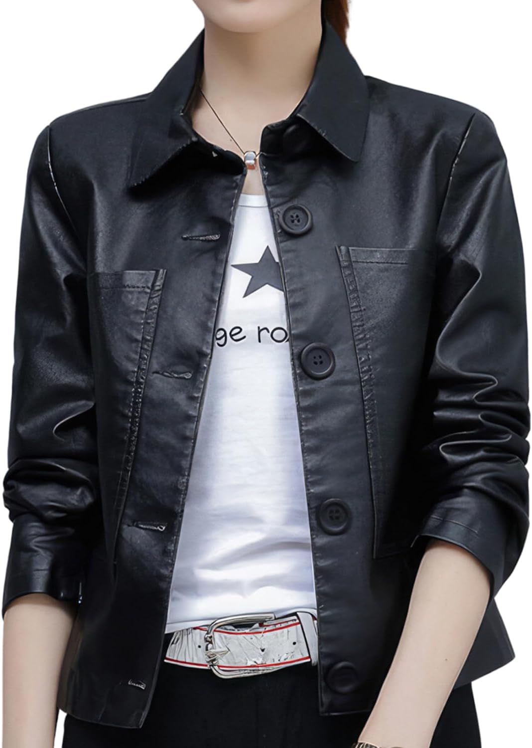 MARKHORN Women\u2019s Black Real Sheepskin Leather Shirt Collar Moto Café Racer Sporty Fashion Clothing Chic Slim Fit Jacket