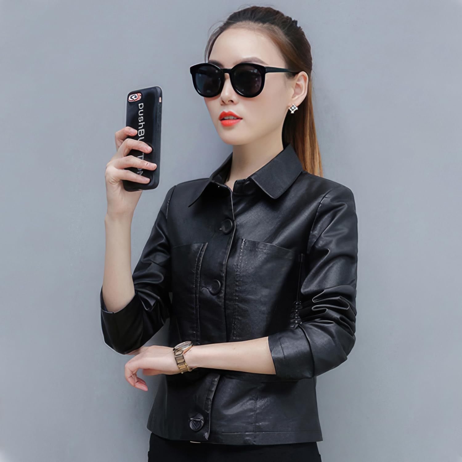 MARKHORN Women\u2019s Black Real Sheepskin Leather Shirt Collar Moto Café Racer Sporty Fashion Clothing Chic Slim Fit Jacket - Image 3