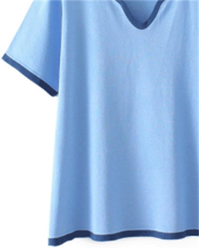 MVUYO Clothes Fashion Casual Ice Silk Knitted Tops Peach Collar Contrast Color Tee T-Shirt for Women(2X-Large) - Image 2