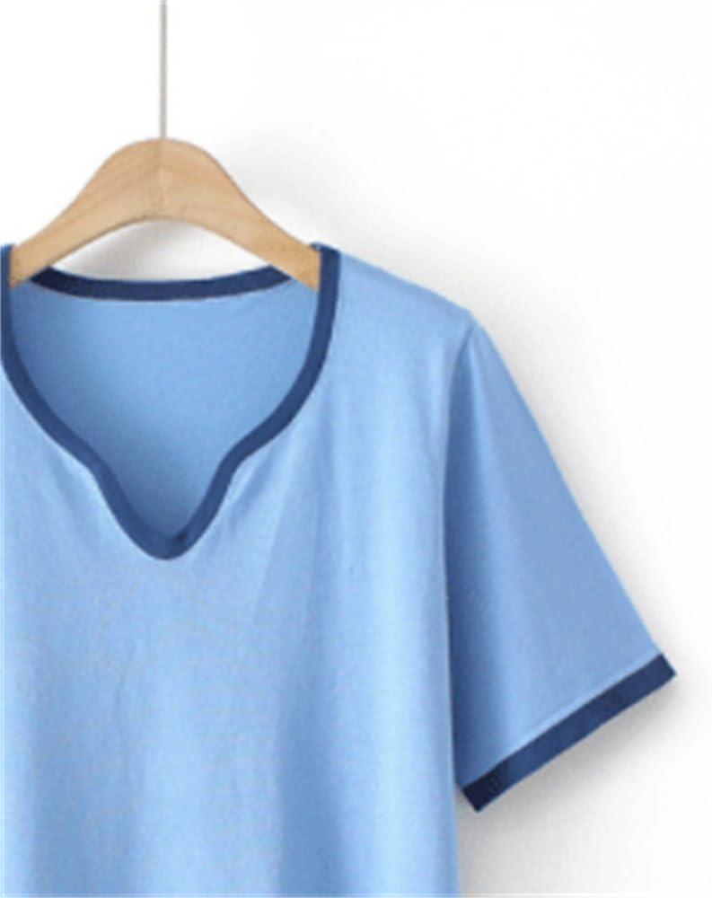 MVUYO Clothes Fashion Casual Ice Silk Knitted Tops Peach Collar Contrast Color Tee T-Shirt for Women(2X-Large) - Image 3