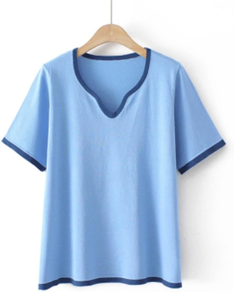 MVUYO Clothes Fashion Casual Ice Silk Knitted Tops Peach Collar Contrast Color Tee T-Shirt for Women(2X-Large)