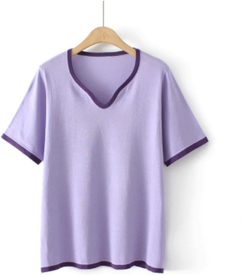 MVUYO Knitted Tops Peach Collar Contrast Color Tee T-Shirt for Women Clothes Fashion Casual Ice Silk(XL)