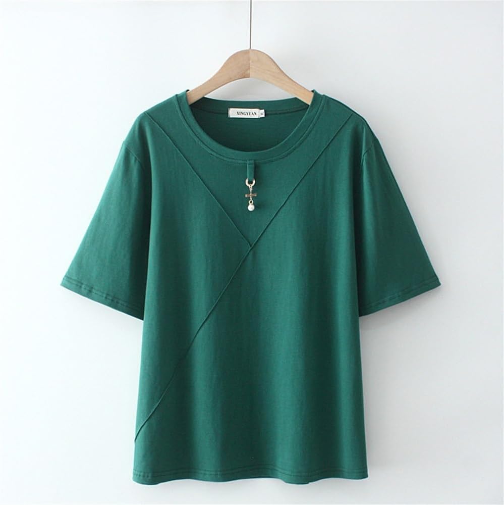 MVUYO Short Sleeve Tops T-Shirt Tees Women Clothing Loose Cotton Metal Pearl Pendant Decoration