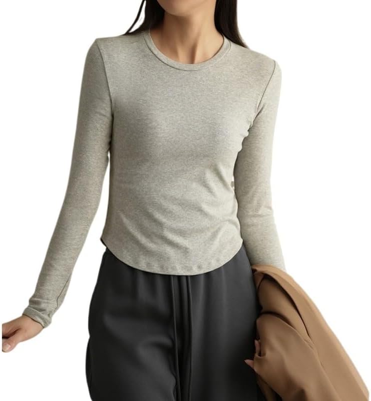 MVUYO Spring and Autumn Clothing Comfortable Easy to Wear Women's Long Sleeve Base Shirt O Neck Short - Image 2