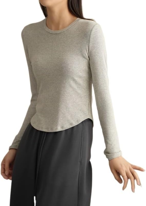 MVUYO Spring and Autumn Clothing Comfortable Easy to Wear Women's Long Sleeve Base Shirt O Neck Short - Image 3