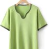 MVUYO T-Shirt for Women Clothes Fashion Casual Ice Silk Knitted Tops Peach Collar Contrast Color Tee(3XL)