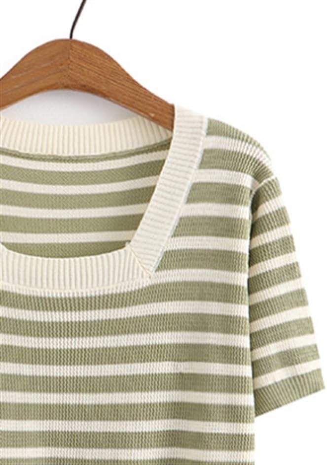 MVUYO Women Square Collar Stripe Tees Ice Silk Knit Short Sleeve Tops Oversized Curve Clothes Basic T-Shirt(2X-Large) - Image 2