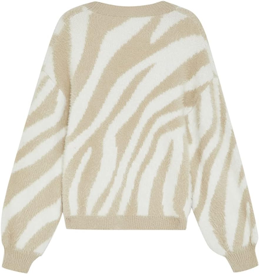 Niiyyjj Women's Pullover Khaki White Beige Pattern Knit Patchwork O Neck Fall Winter Clothing - Image 6