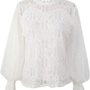 Office White Lace Shirts Women Floral Mesh Blouses Women Fashion Lantern Sleeve Clothing Tops Chemise Femme