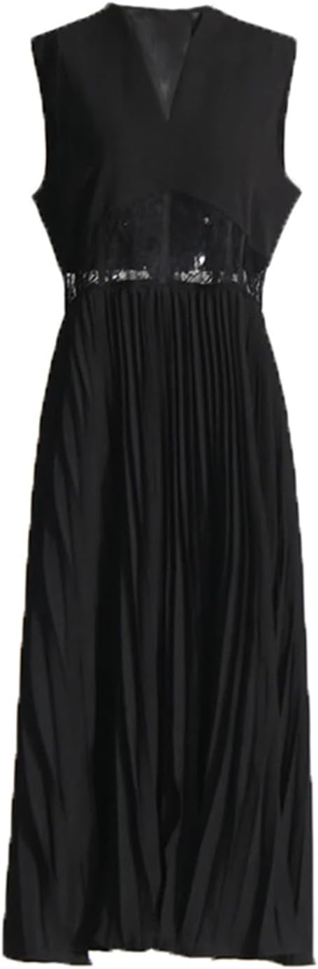 Patchwork Lace Dresses for Women V Neck Sleeveless High Waist Tunic Elegant A Line Dress Fashion Clothing