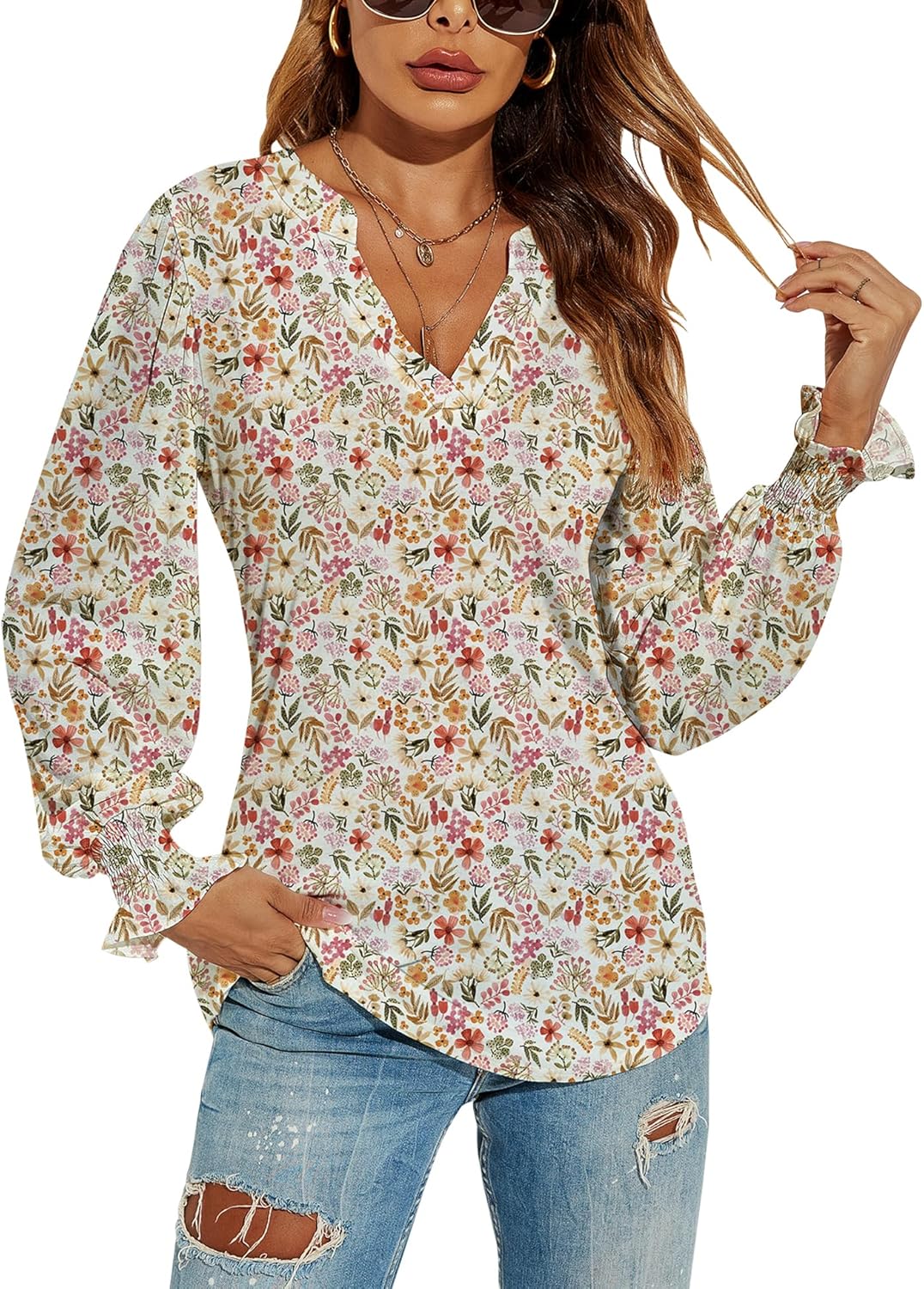 Romanstii Women's Casual V-Neck T-Shirts Loose Puff Long Sleeve Tops Tunic Blouses