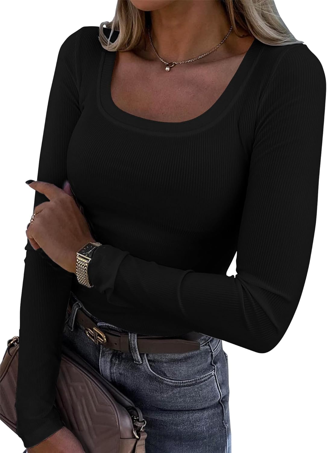 Roselux Womens Long Sleeve Scoop Neck Ribbed Knit Fitted Casual Tops Tee Slim Basic Shirts - Image 22