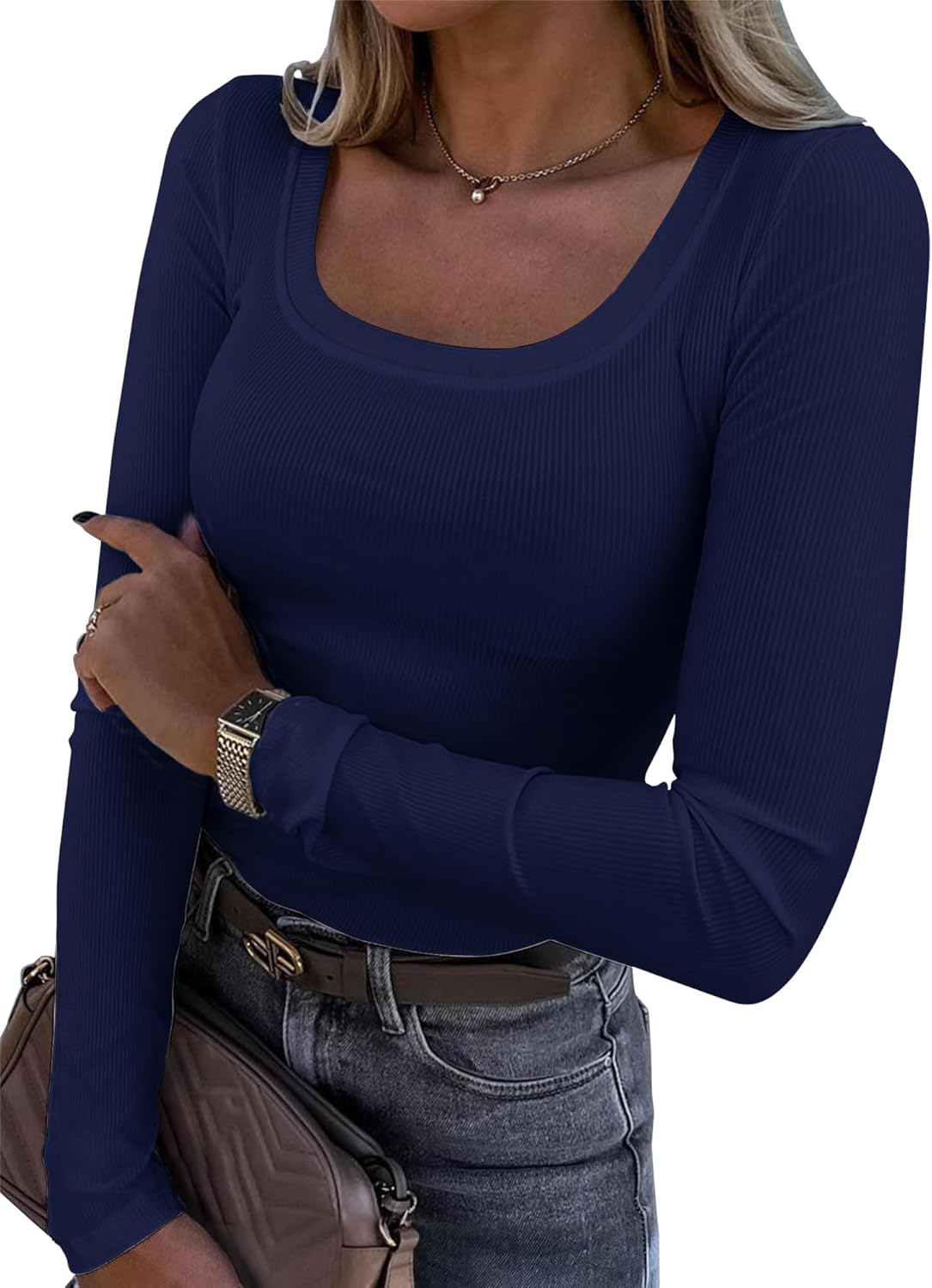 Roselux Womens Long Sleeve Scoop Neck Ribbed Knit Fitted Casual Tops Tee Slim Basic Shirts - Image 12