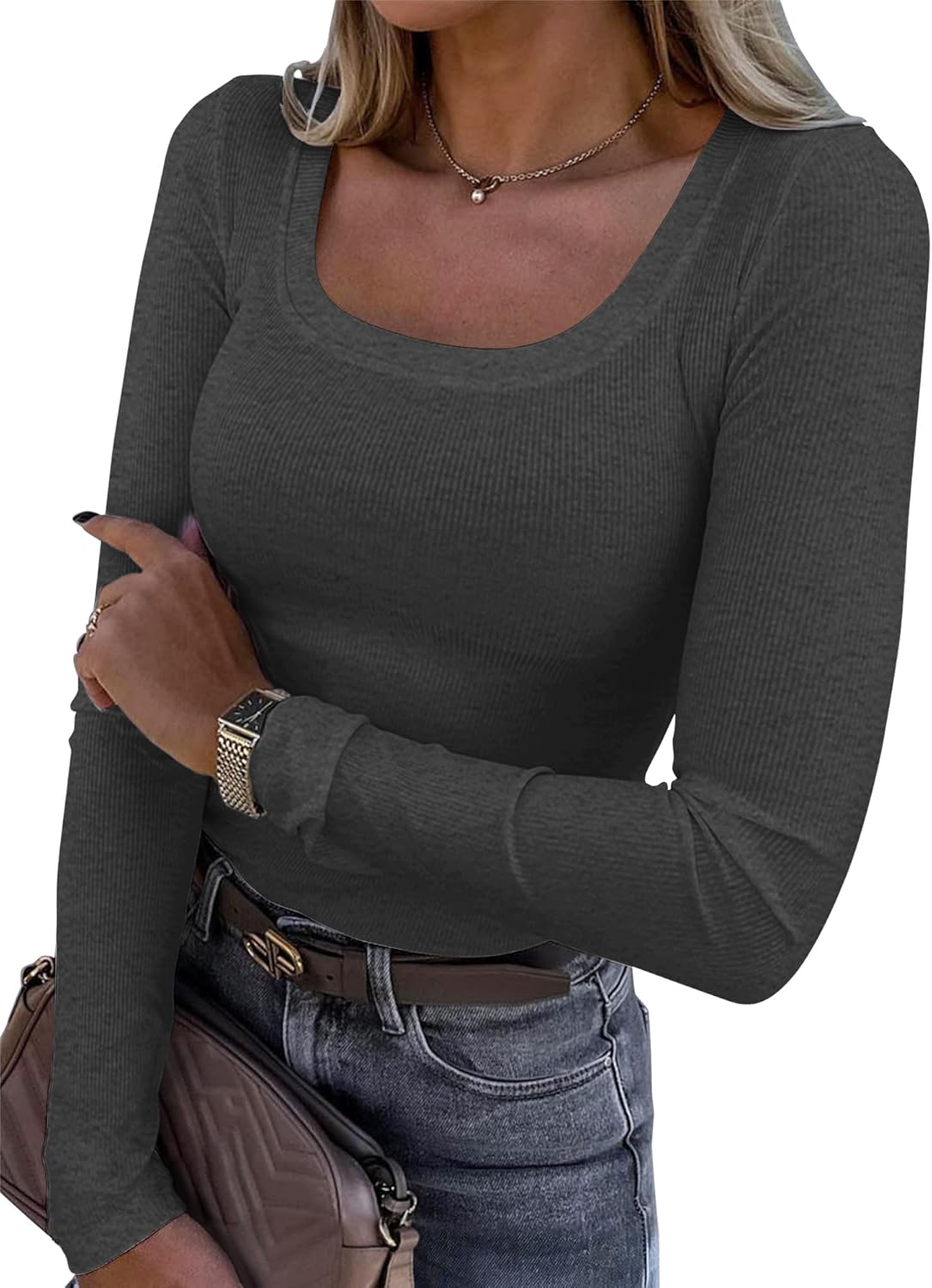 Roselux Womens Long Sleeve Scoop Neck Ribbed Knit Fitted Casual Tops Tee Slim Basic Shirts - Image 13