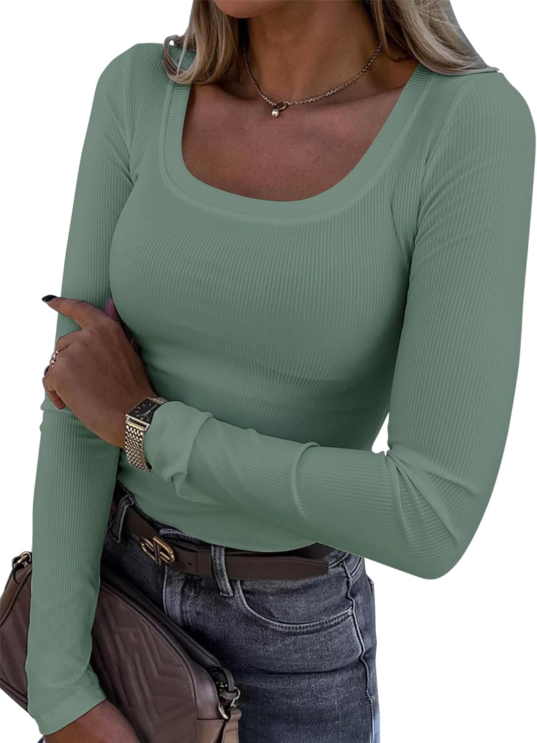 Roselux Womens Long Sleeve Scoop Neck Ribbed Knit Fitted Casual Tops Tee Slim Basic Shirts - Image 20