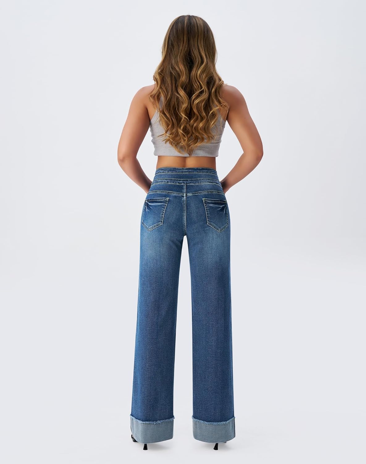 roswear Women's High Waisted Stretchy Wide Leg Jeans Cuffed Baggy Jeans Loose Denim Pants - Image 3