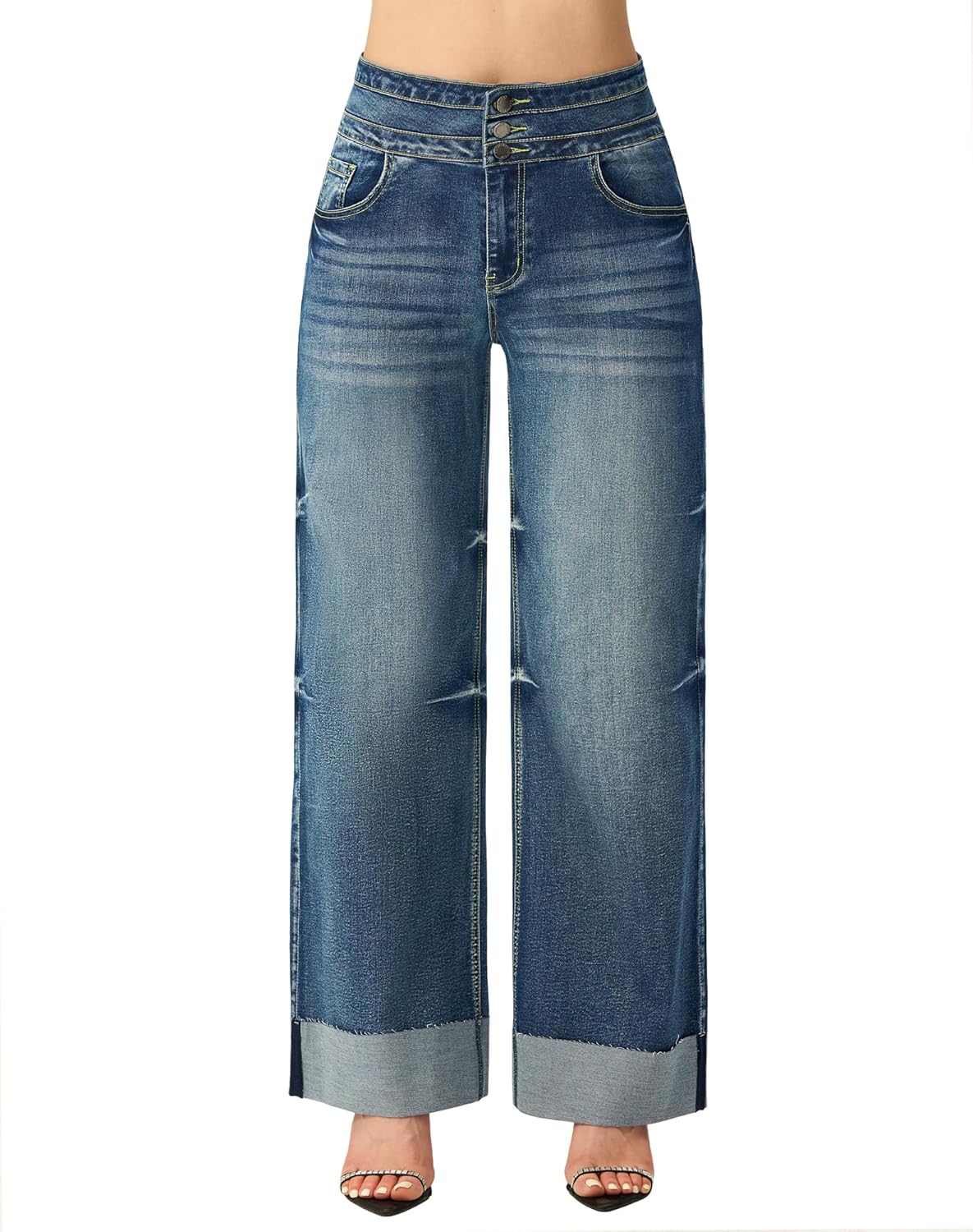 roswear Women's High Waisted Stretchy Wide Leg Jeans Cuffed Baggy Jeans Loose Denim Pants - Image 11