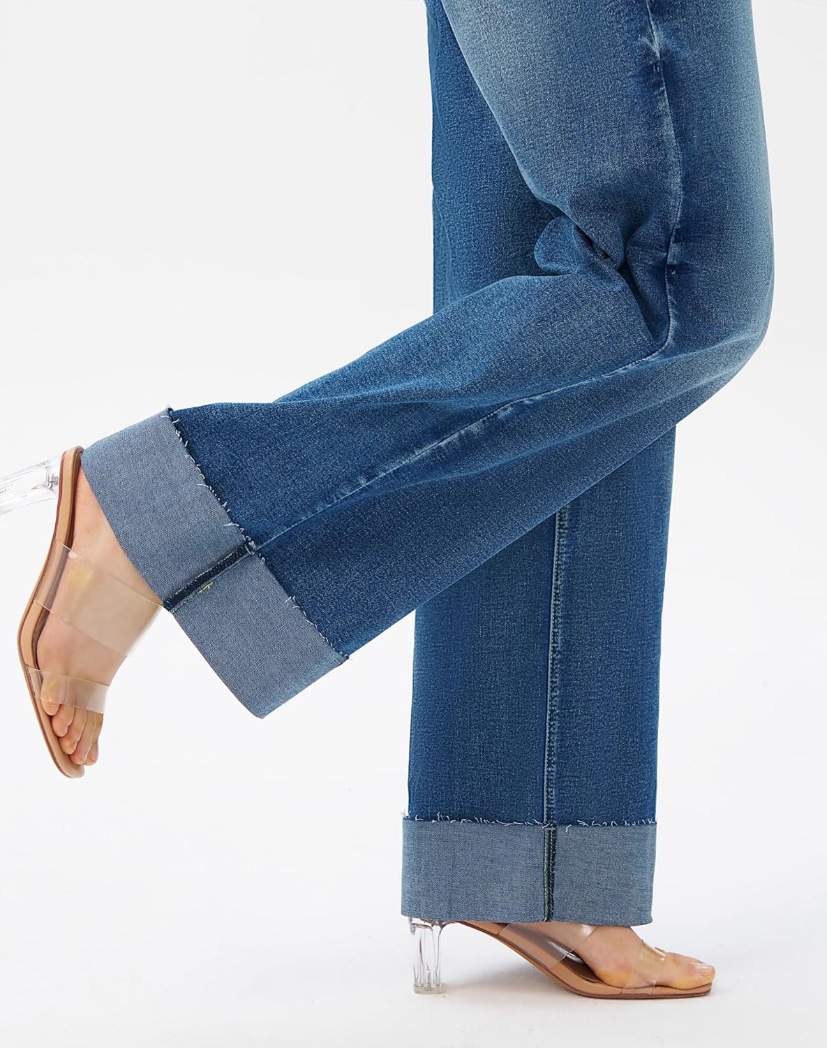 roswear Women's High Waisted Stretchy Wide Leg Jeans Cuffed Baggy Jeans Loose Denim Pants - Image 5