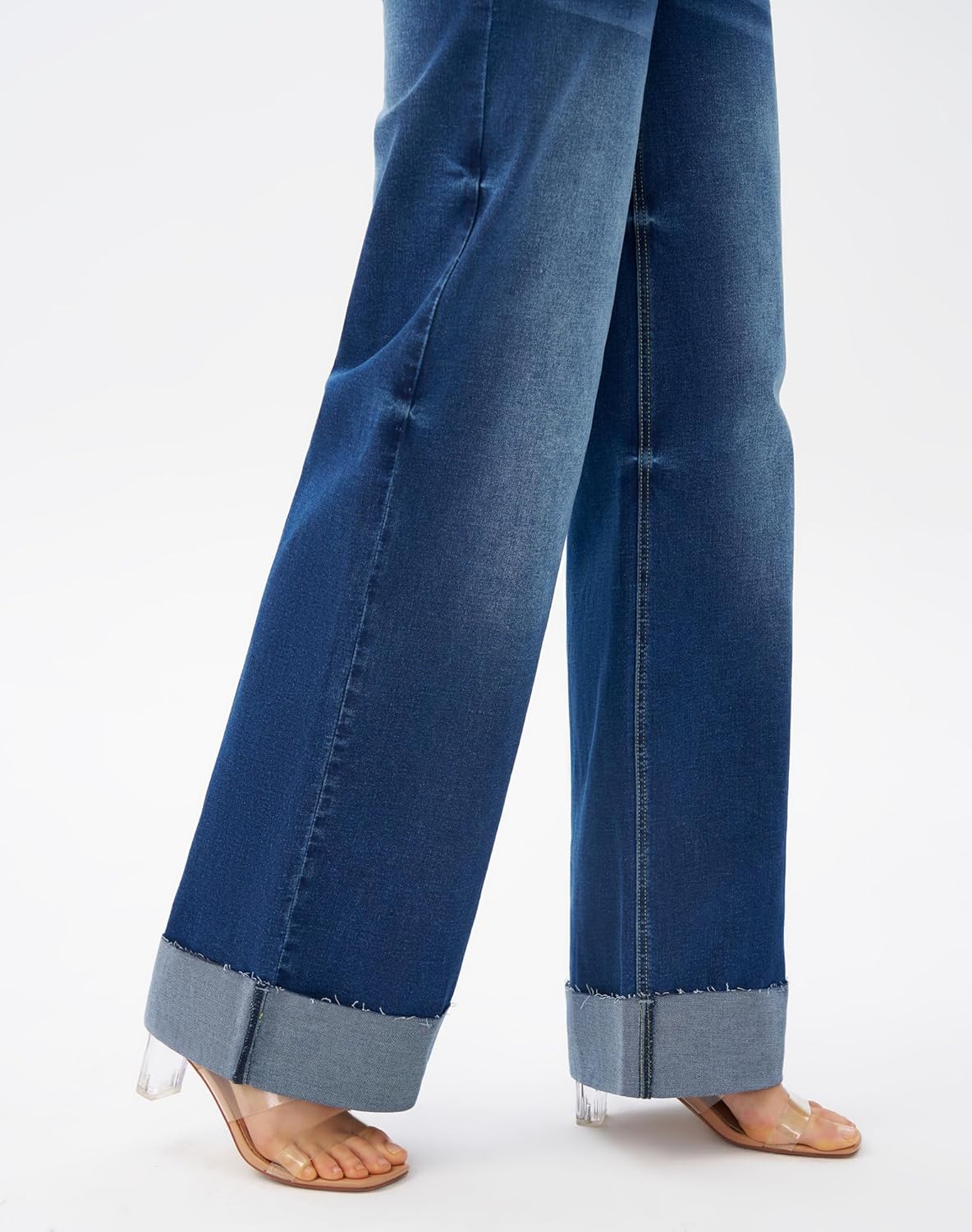 roswear Women's High Waisted Stretchy Wide Leg Jeans Cuffed Baggy Jeans Loose Denim Pants - Image 6