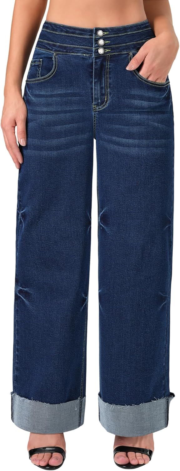 roswear Women's High Waisted Stretchy Wide Leg Jeans Cuffed Baggy Jeans Loose Denim Pants - Image 7
