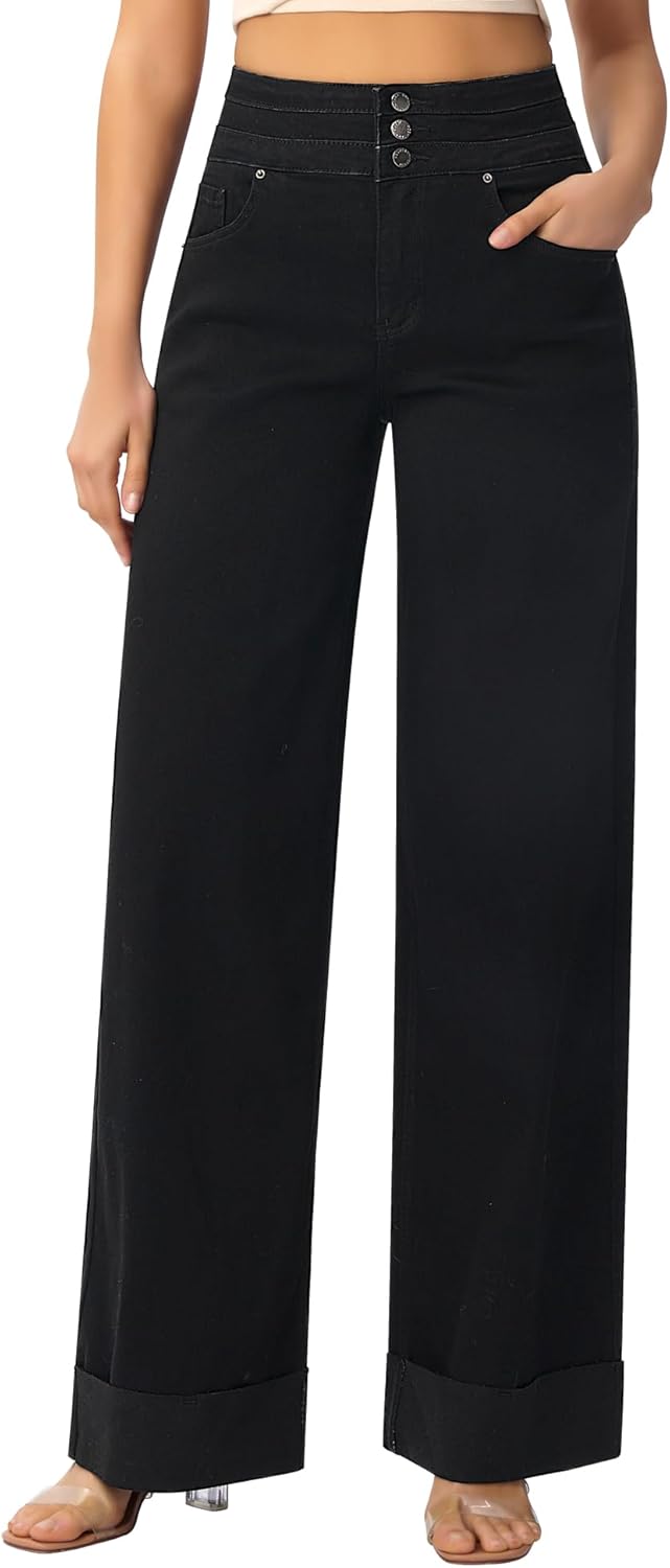 roswear Women's High Waisted Stretchy Wide Leg Jeans Cuffed Baggy Jeans Loose Denim Pants - Image 10