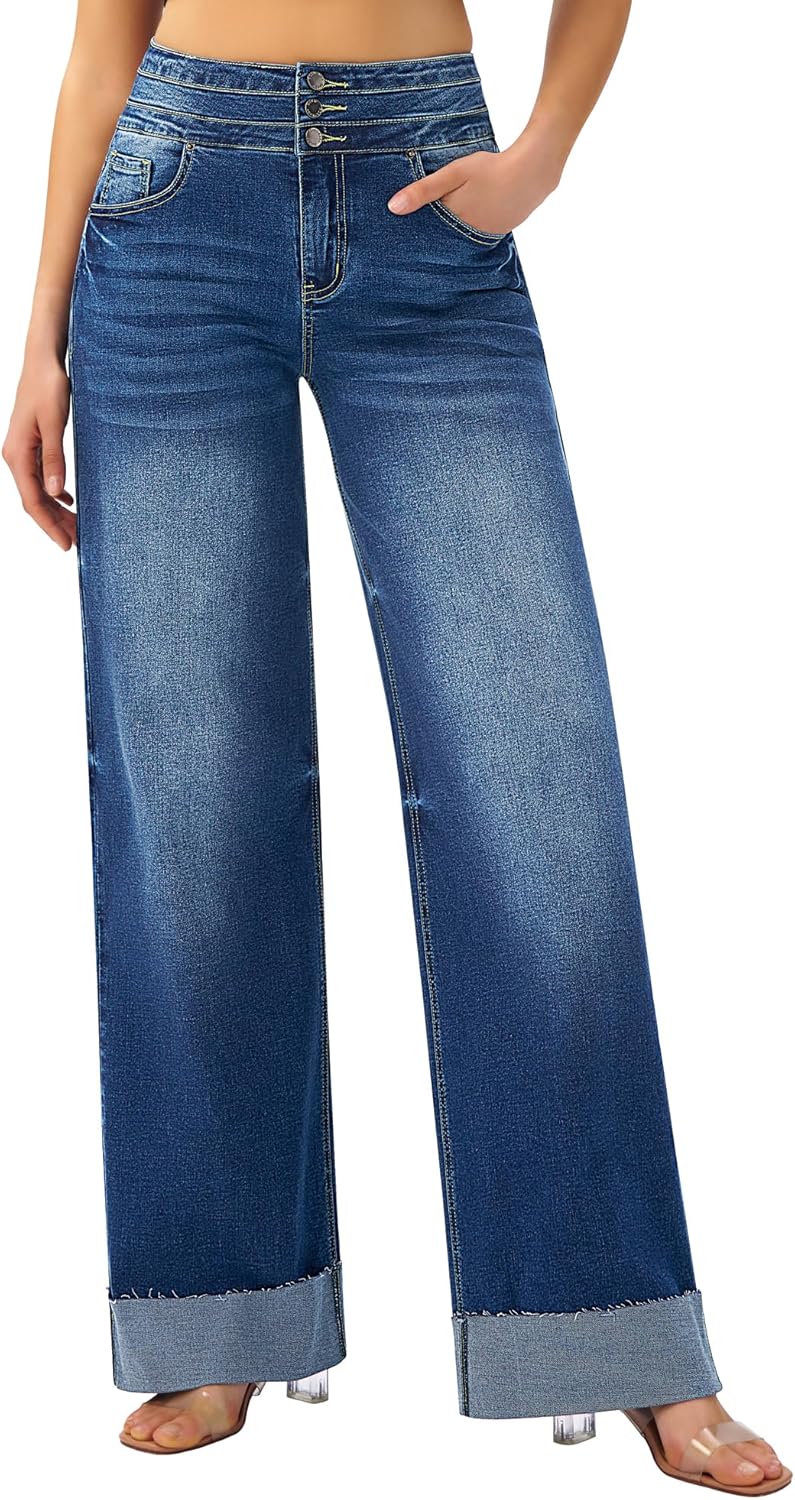 roswear Women's High Waisted Stretchy Wide Leg Jeans Cuffed Baggy Jeans Loose Denim Pants - Image 9