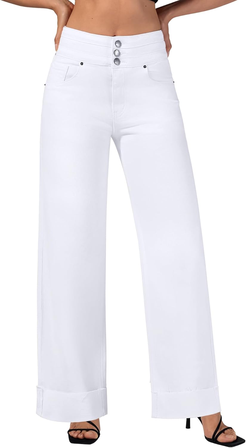 roswear Women's High Waisted Stretchy Wide Leg Jeans Cuffed Baggy Jeans Loose Denim Pants - Image 8