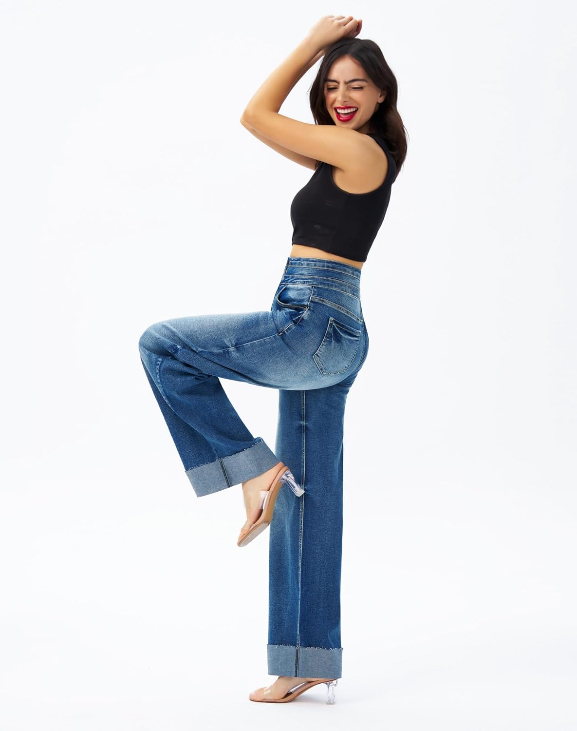roswear Women's High Waisted Stretchy Wide Leg Jeans Cuffed Baggy Jeans Loose Denim Pants - Image 4
