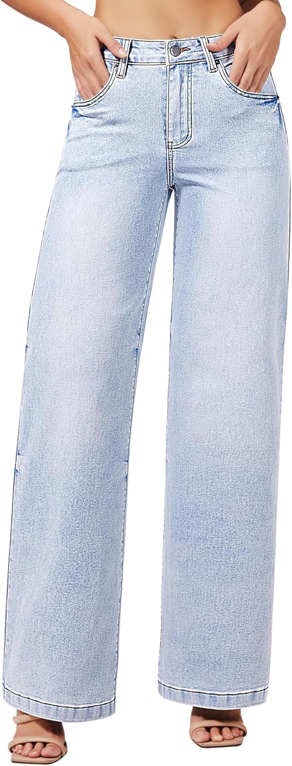 roswear Women's Wide Leg Jeans High Waisted Stretchy Denim Trouser Pants