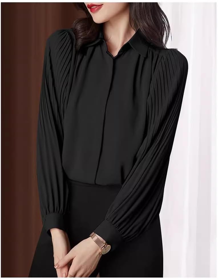 Shirt for Women Spring Clothes Black Chiffon Shirt Pleated Large Size top White Womens - Image 7