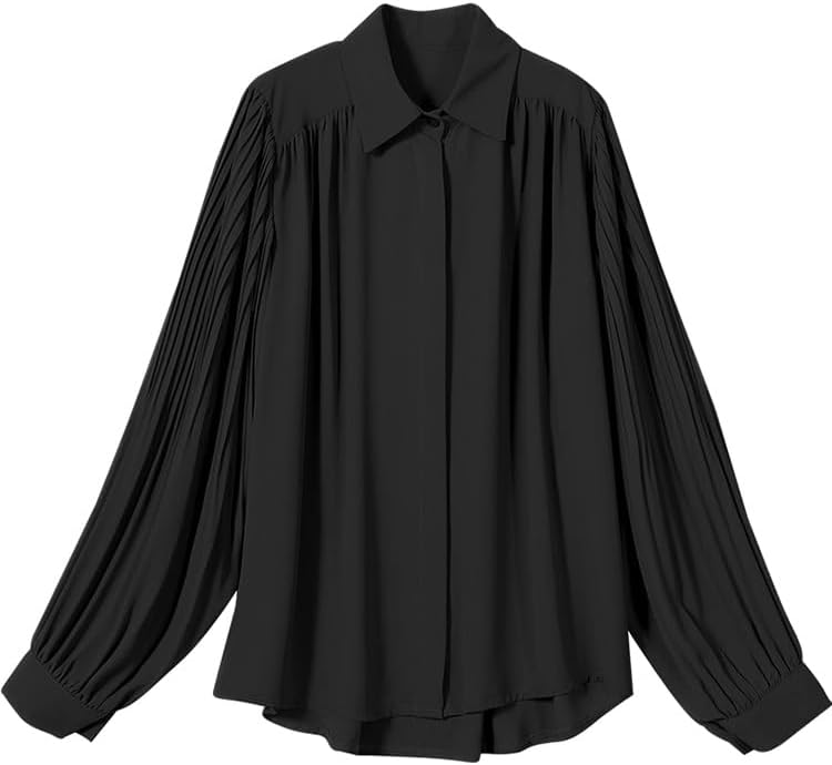 Shirt for Women Spring Clothes Black Chiffon Shirt Pleated Large Size top White Womens - Image 6