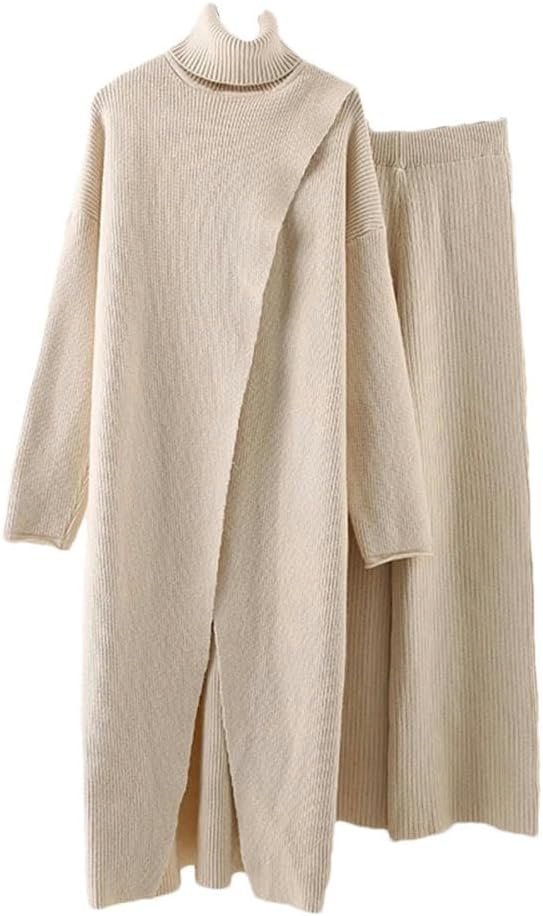 Split Long High Neck Sweaters with Wide Leg Pants 2 Pieces Knitted Thickened Sets Female Clothing Autumn - Image 5
