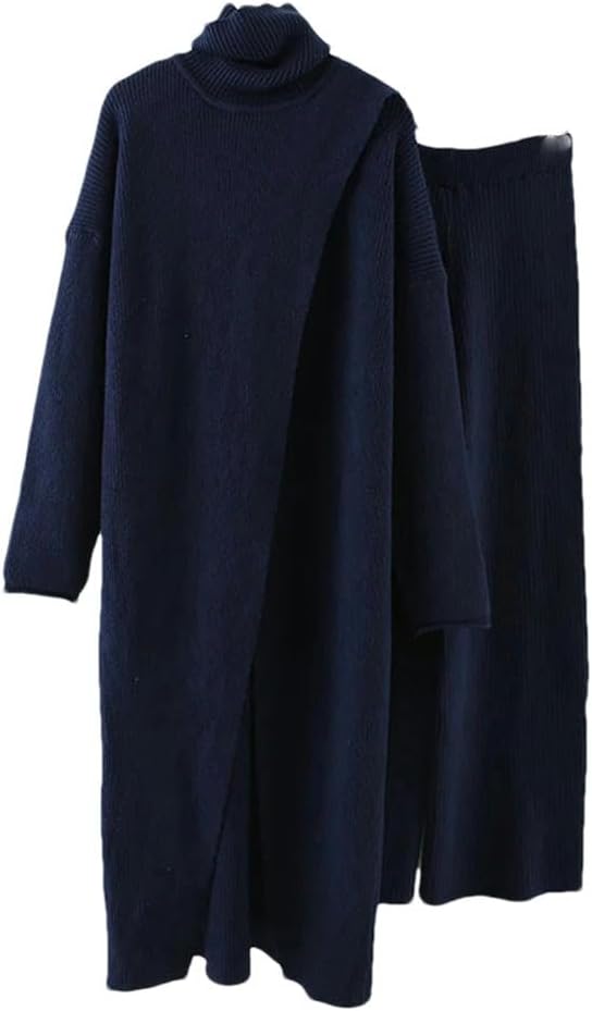 Split Long High Neck Sweaters with Wide Leg Pants 2 Pieces Knitted Thickened Sets Female Clothing Autumn - Image 3