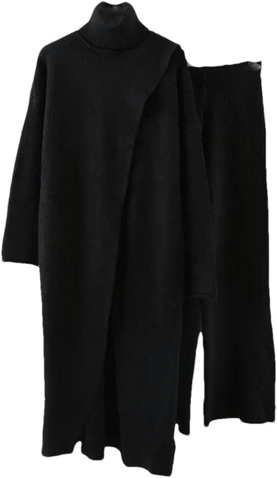 Split Long High Neck Sweaters with Wide Leg Pants 2 Pieces Knitted Thickened Sets Female Clothing Autumn