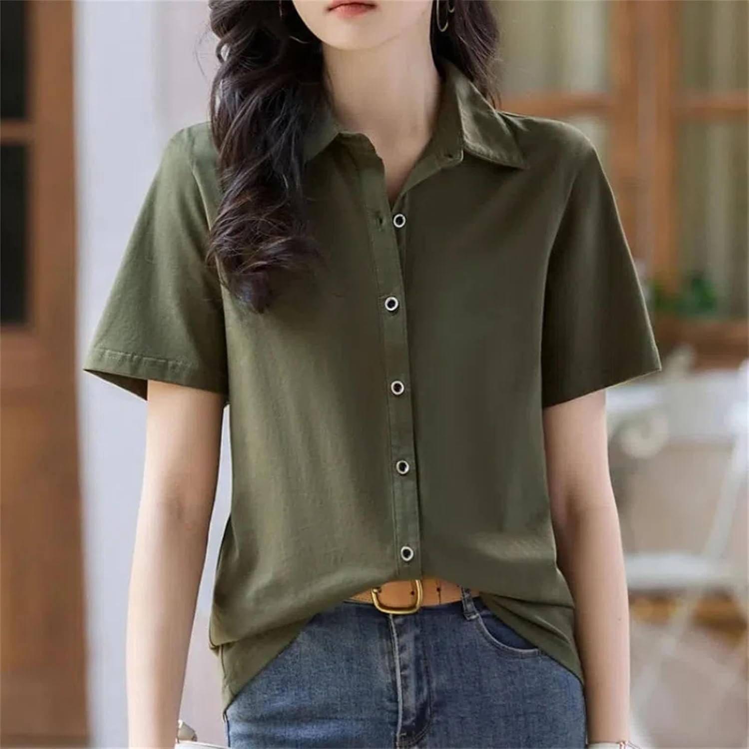 Turn-Down Collar Solid Color Short Sleeve Button Up Women's Clothing Cardigan Shirt Casual Fashionable Tops - Image 3