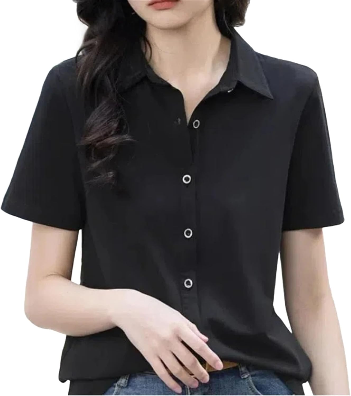 Turn-Down Collar Solid Color Short Sleeve Button Up Women's Clothing Cardigan Shirt Casual Fashionable Tops - Image 7
