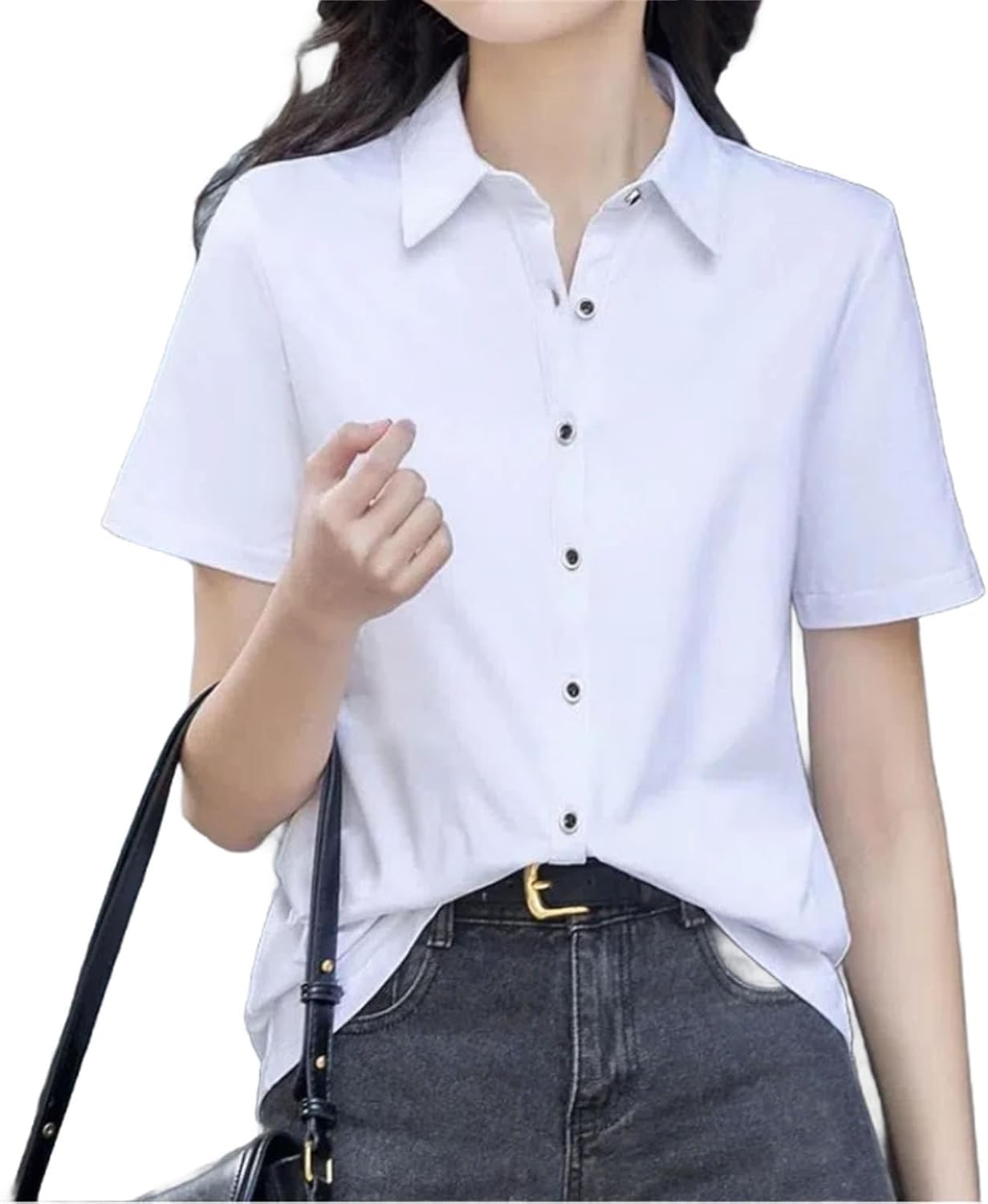 Turn-Down Collar Solid Color Short Sleeve Button Up Women's Clothing Cardigan Shirt Casual Fashionable Tops - Image 8