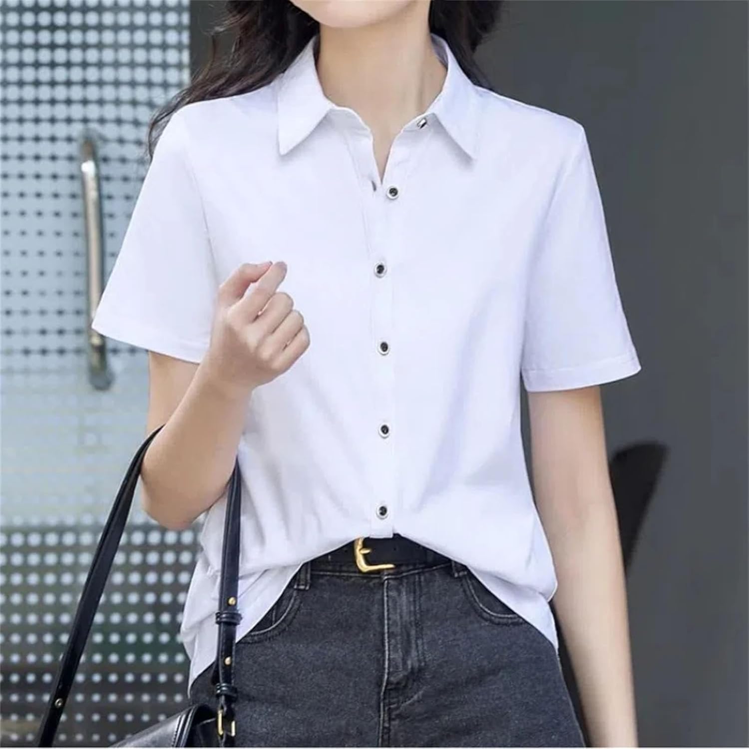 Turn-Down Collar Solid Color Short Sleeve Button Up Women's Clothing Cardigan Shirt Casual Fashionable Tops - Image 4