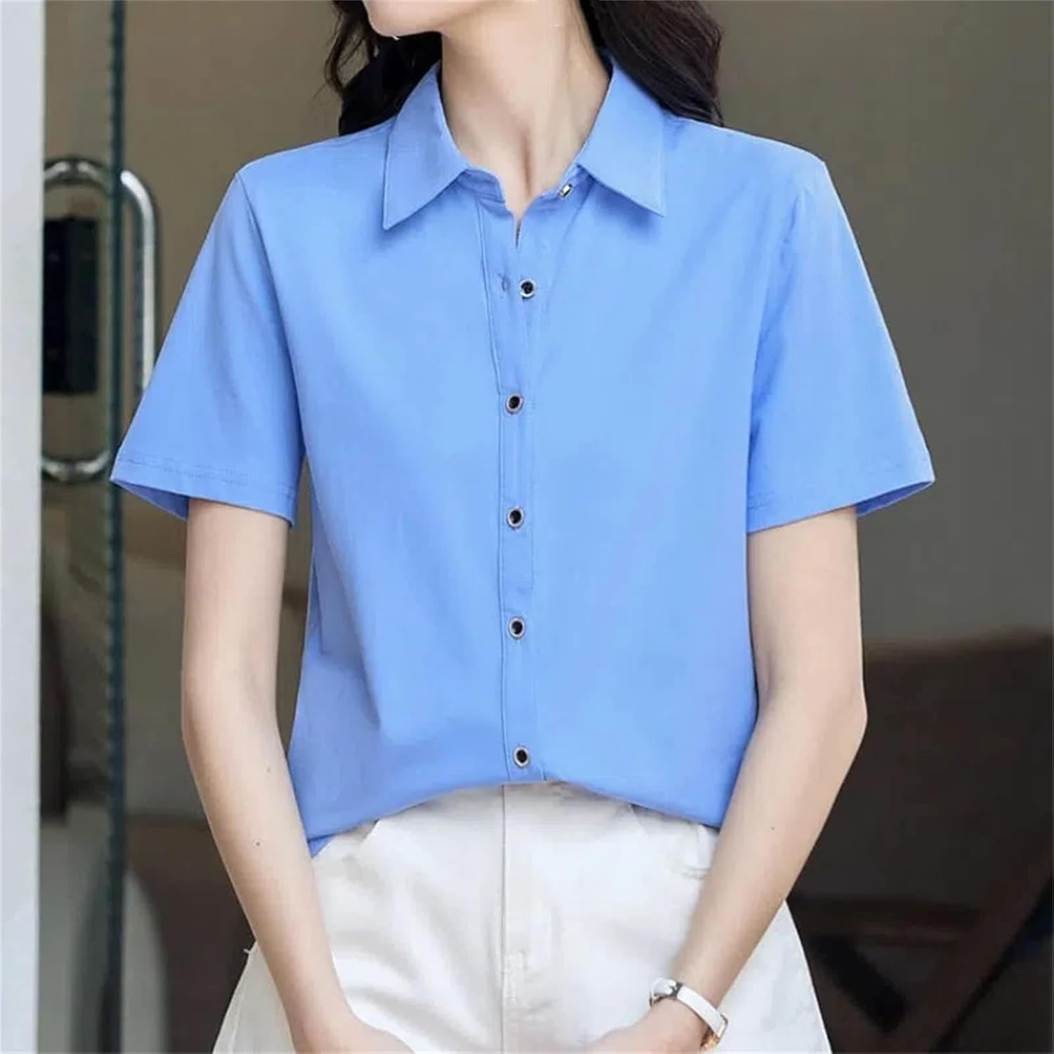 Turn-Down Collar Solid Color Short Sleeve Button Up Women's Clothing Cardigan Shirt Casual Fashionable Tops - Image 5