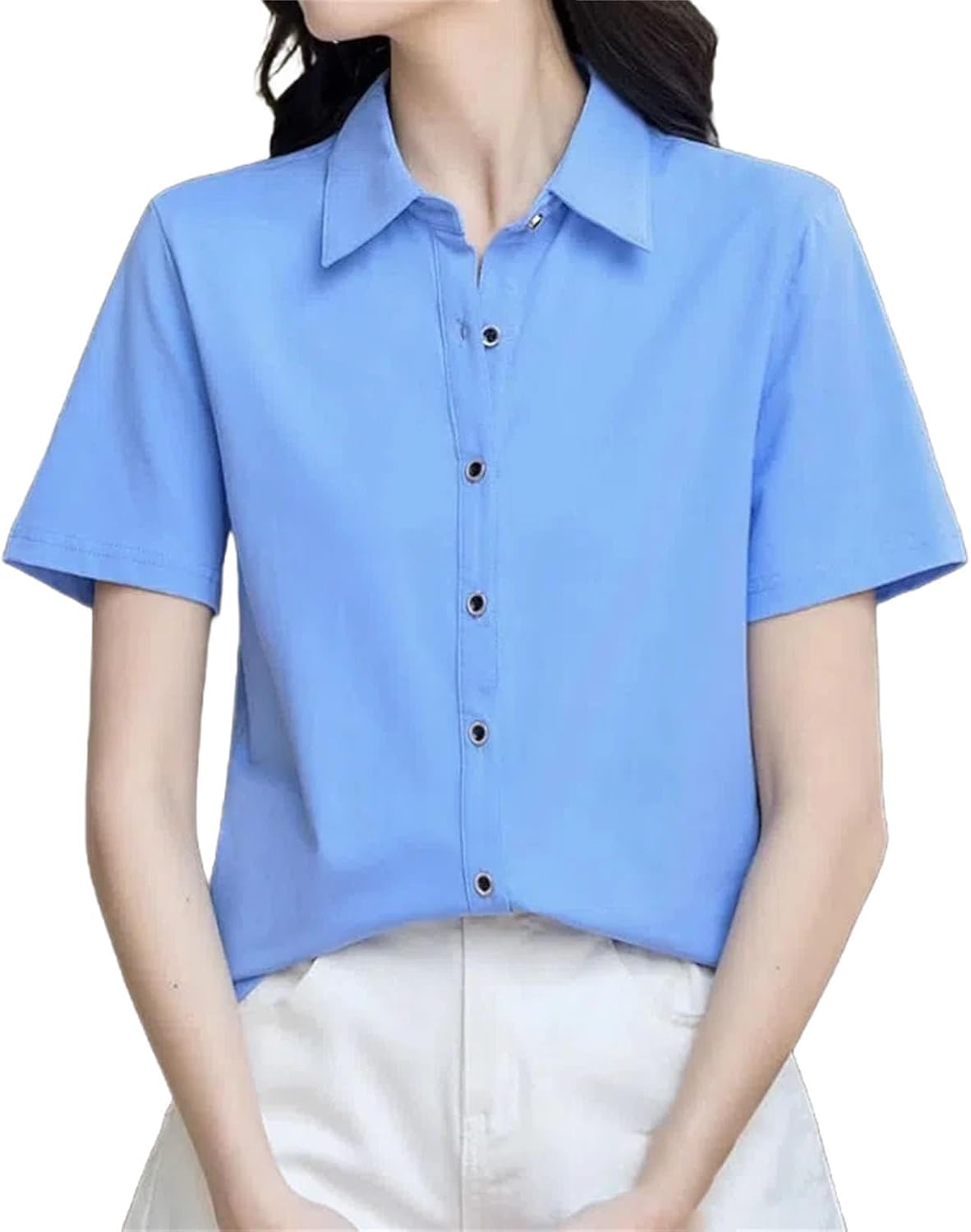 Turn-Down Collar Solid Color Short Sleeve Button Up Women's Clothing Cardigan Shirt Casual Fashionable Tops - Image 9