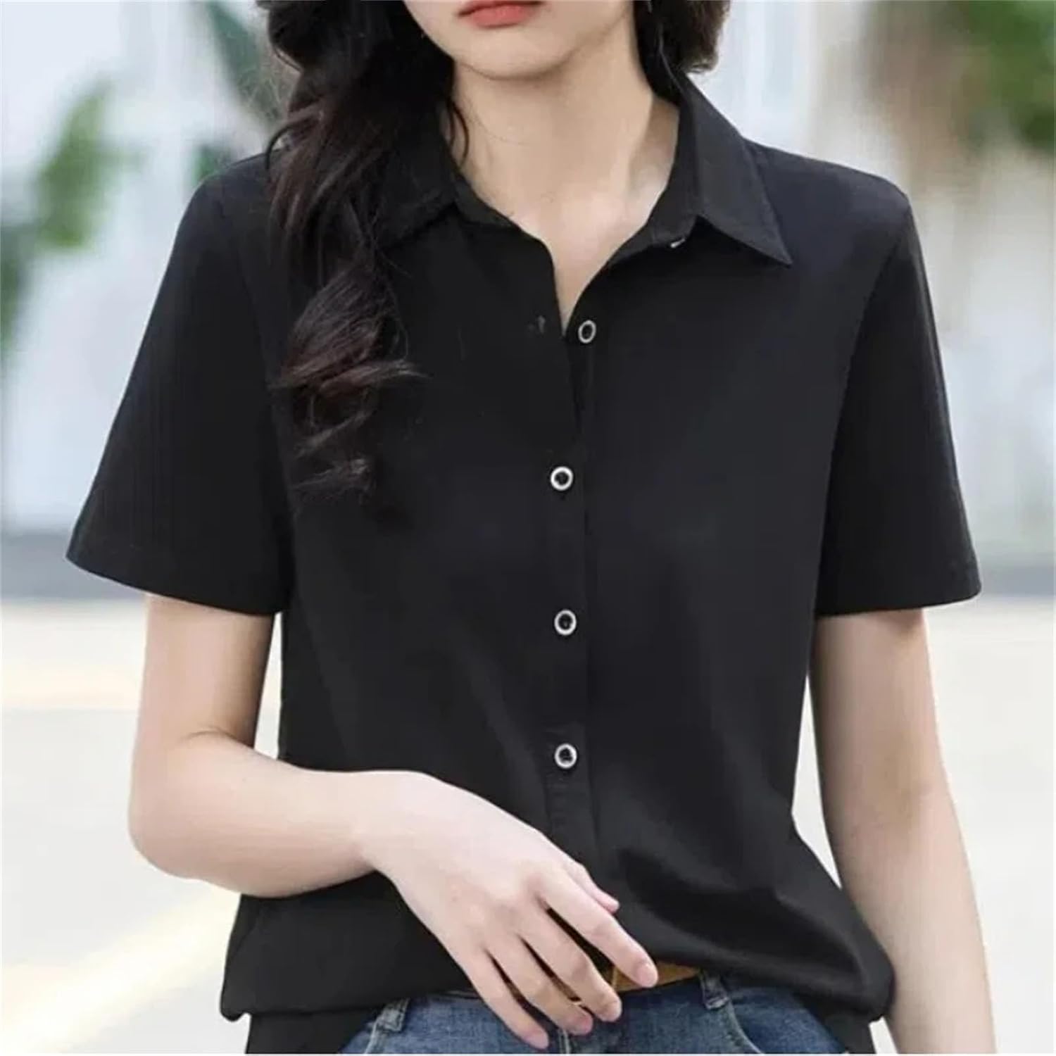 Turn-Down Collar Solid Color Short Sleeve Button Up Women's Clothing Cardigan Shirt Casual Fashionable Tops - Image 2