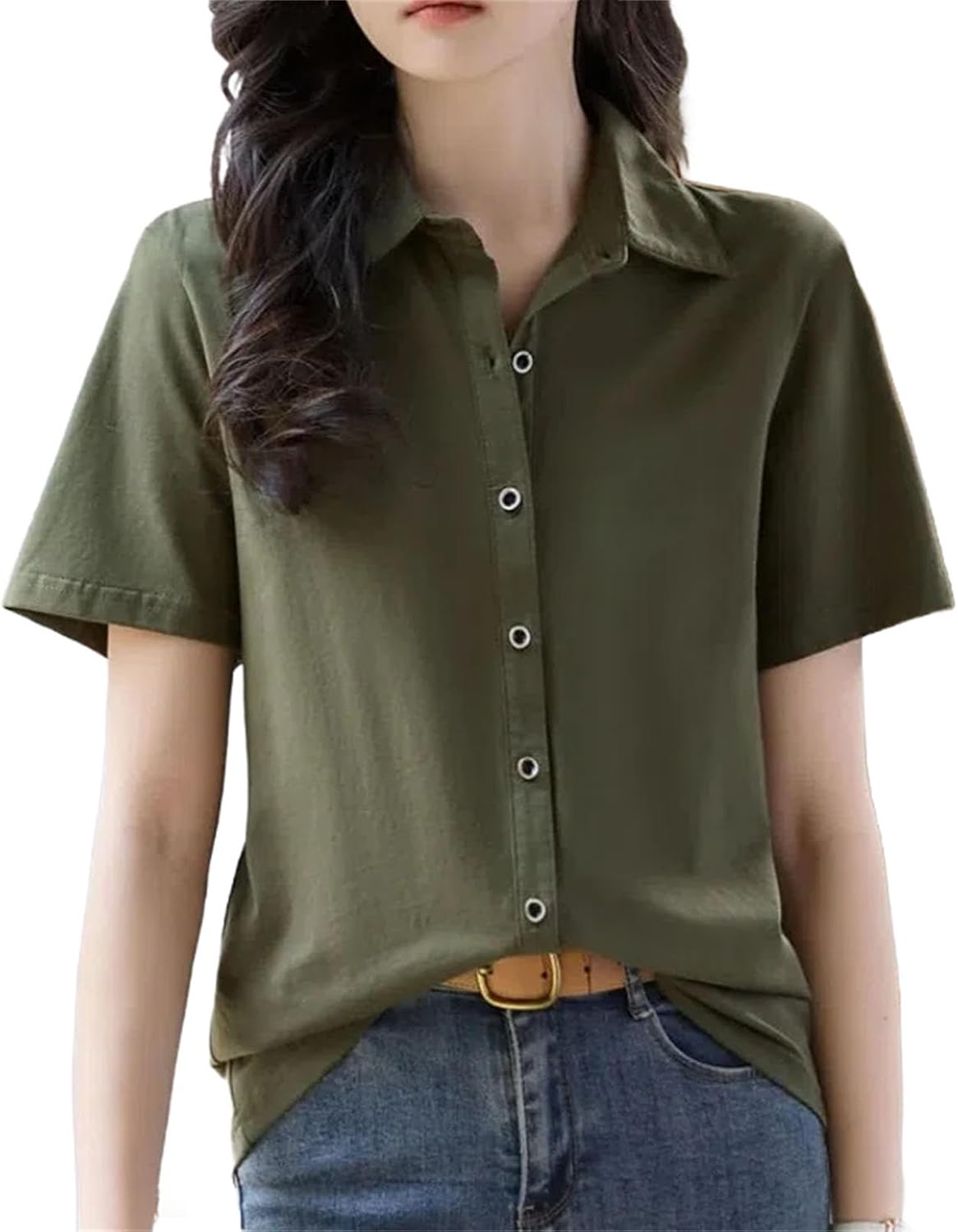 Turn-Down Collar Solid Color Short Sleeve Button Up Women's Clothing Cardigan Shirt Casual Fashionable Tops