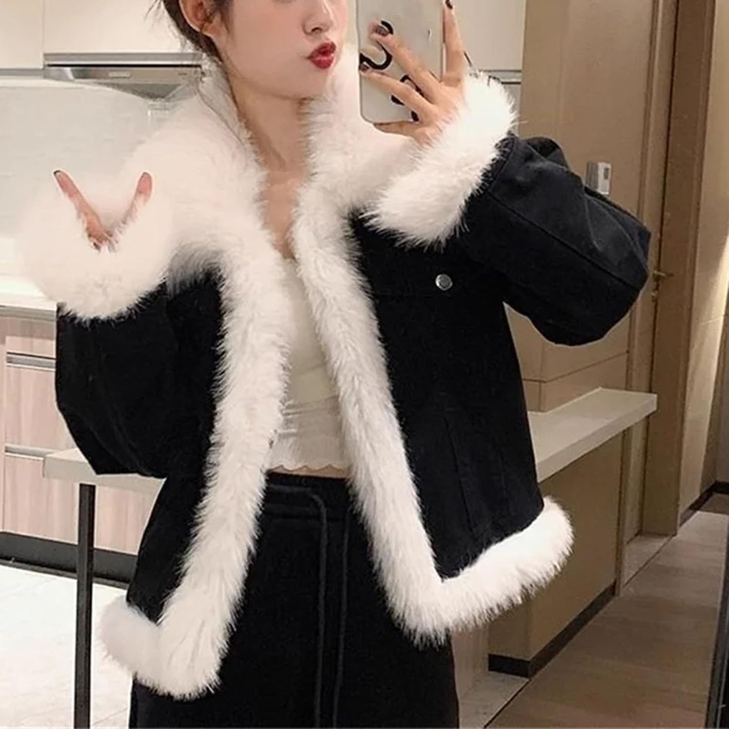 Version Denim Cotton Jacket With Large Woolen Collar Loose Fashionable Short Thick Cotton Clothing Jacket For women - Image 3