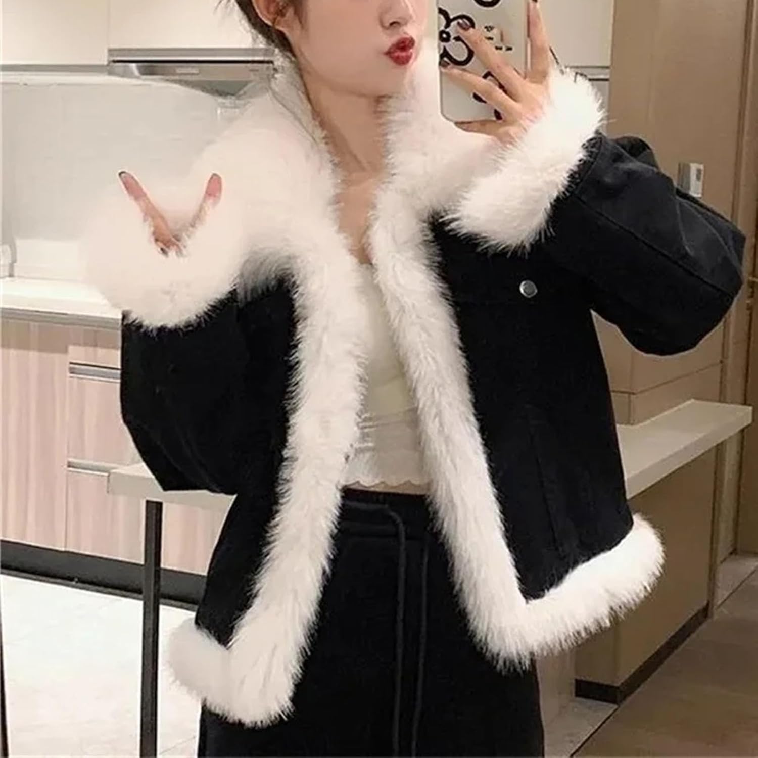 Version Denim Cotton Jacket With Large Woolen Collar Loose Fashionable Short Thick Cotton Clothing Jacket For women - Image 6