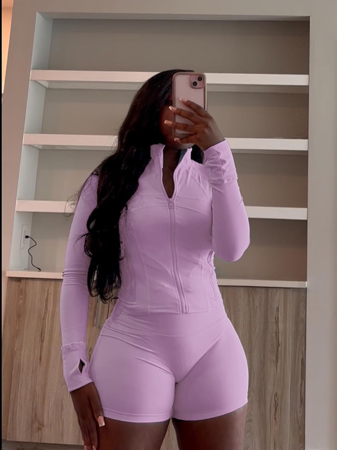 Vssjavun Women 2 Piece Outfits Sweatsuit Sets Long Sleeve Full Zip Workout Jacket Bodycon Shorts Set Tracksuit Loungewear - Image 5