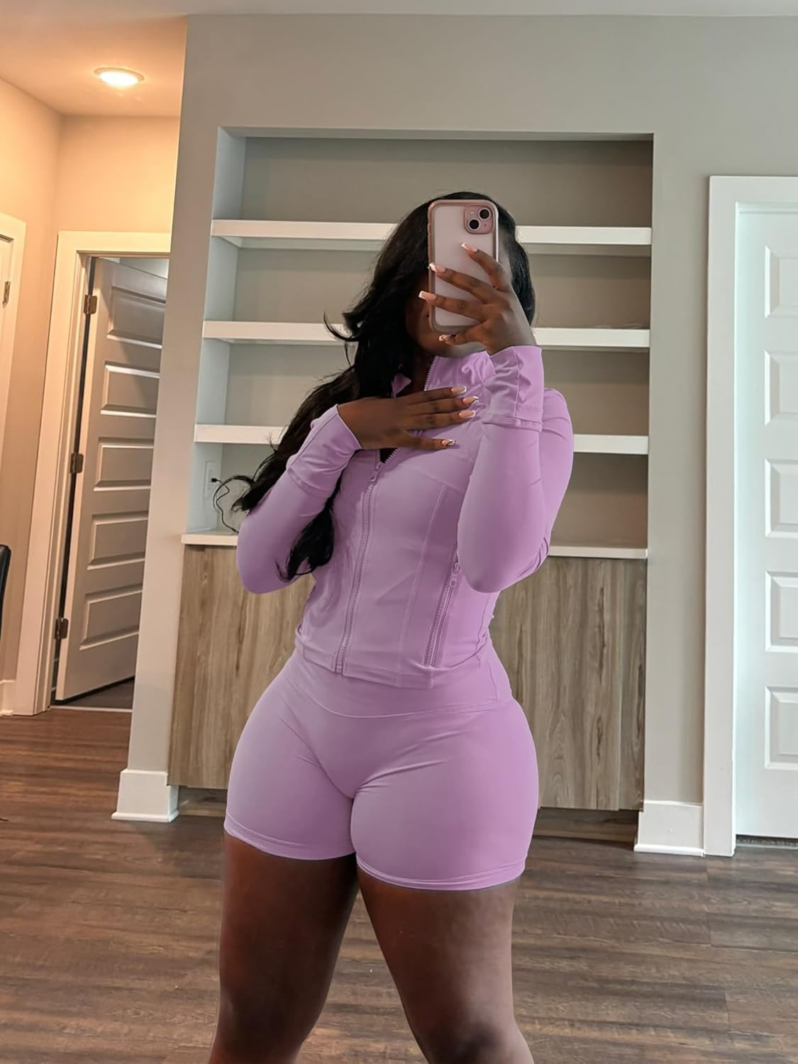 Vssjavun Women 2 Piece Outfits Sweatsuit Sets Long Sleeve Full Zip Workout Jacket Bodycon Shorts Set Tracksuit Loungewear - Image 2