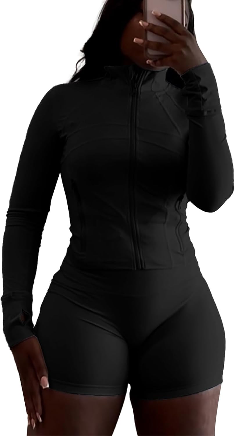 Vssjavun Women 2 Piece Outfits Sweatsuit Sets Long Sleeve Full Zip Workout Jacket Bodycon Shorts Set Tracksuit Loungewear - Image 8